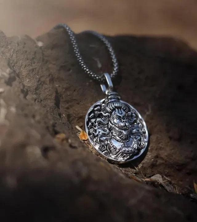 Hanuman Ji Oxidized Silver Pendant Necklace for Men – Bajrangbali Locket