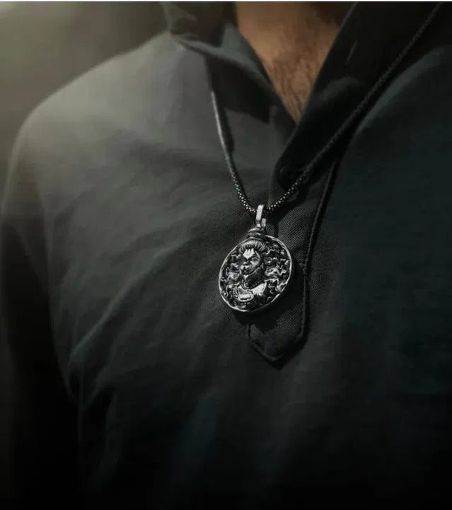 Hanuman Ji Oxidized Silver Pendant Necklace for Men – Bajrangbali Locket